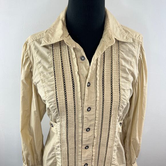FREE PEOPLE Beige 6 Top Cotton Button-Up Collared Ruffle Long Sleeve Regular Fit - Picture 2 of 9
